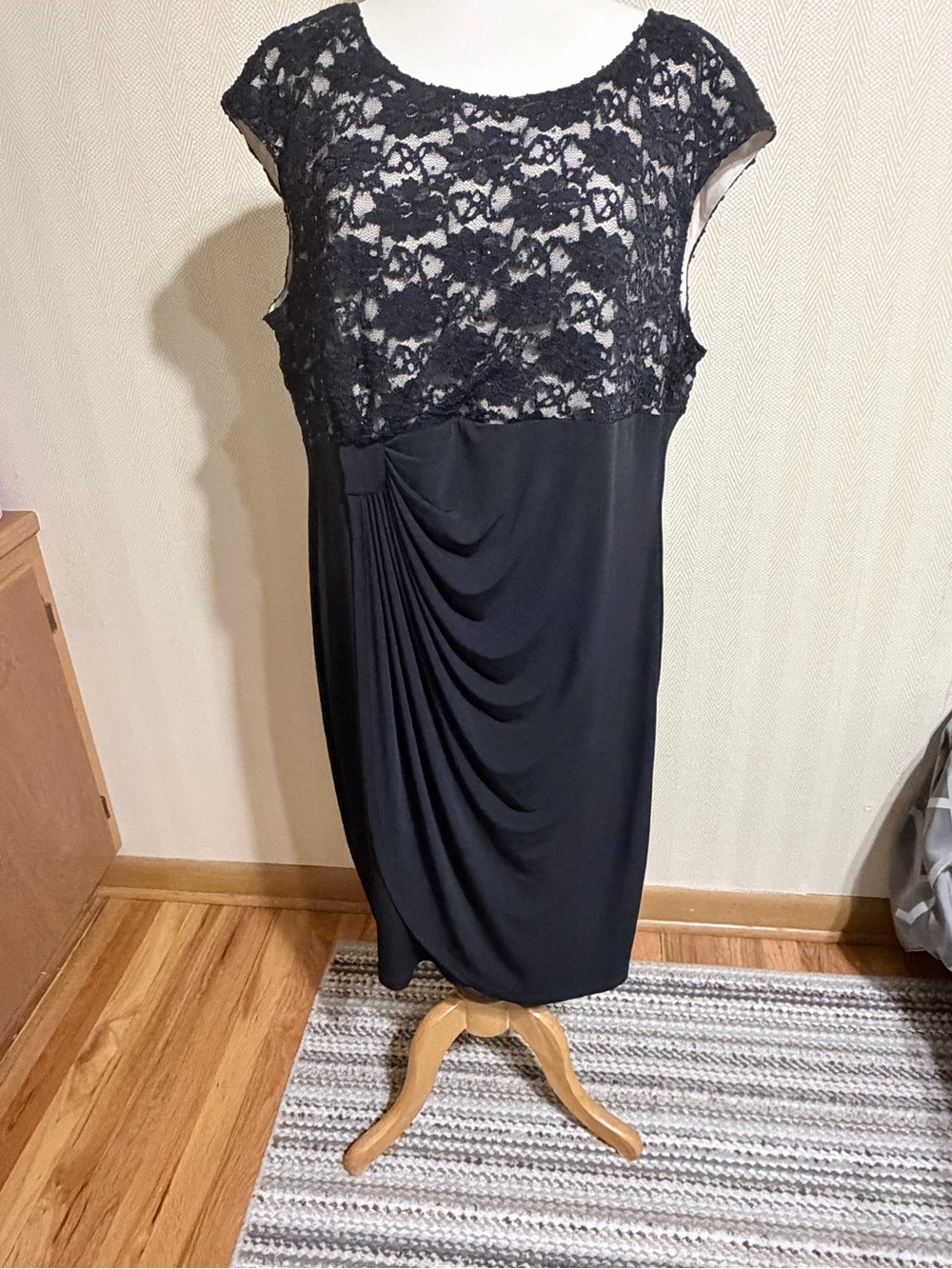 connected apparel Black Lace Draped Midi Dress